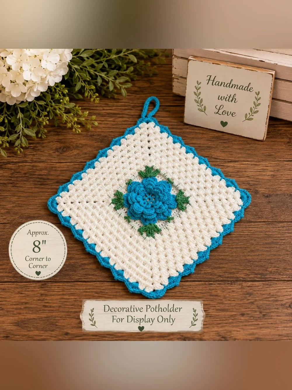 Source Unknown Blue and White Crochet Potholder with Green Leaf Accents